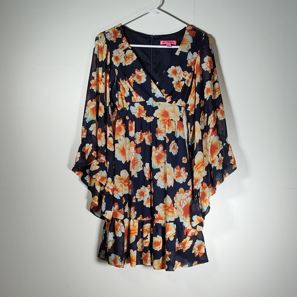 Betsey Johnson Bambi dress in navy yellow orange floral print bell sleeve‎ 2